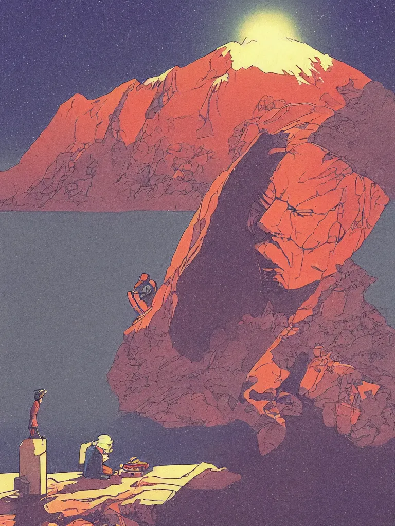 Image similar to a closeup portrait of an old man taking mind altering drugs, a blotter paper of lsd acid and dreaming psychedelic hallucinations in the vast icy landscape of antarctica, by kawase hasui, moebius, edward hopper, colorful flat surreal design, dramatic lighting, hd, 8 k, artstation