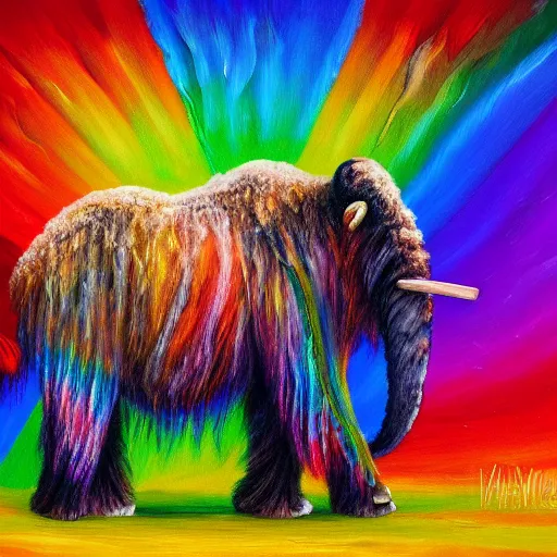 Prompt: wooly mammoth with long fluffy rainbow colored fur detailed oil painting 4k