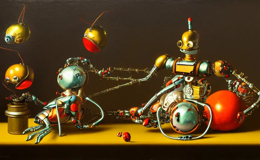 Image similar to strange robot body, disturbing colorful oil painting dutch golden age vanitas still life sparse composition with shiny metal lady bugs rachel ruysch dali todd schorr very detailed perfect composition rule of thirds masterpiece canon 5 0 mm, cinematic lighting, photography, retro, film, kodachrome