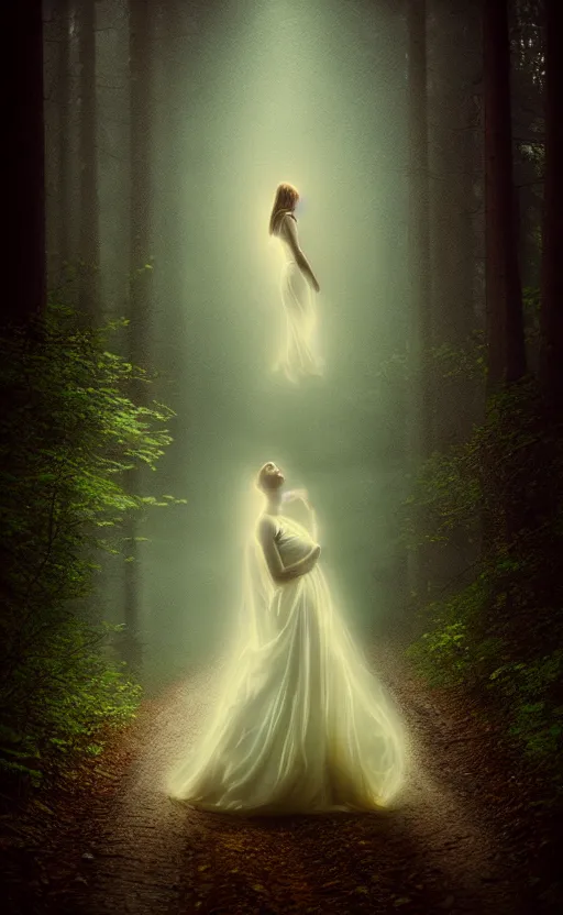 Prompt: in the style of thomas kinkade, mikko lagerstedt, joshua middleton, transparent female ghost screaming, flowing dress, full body, symmetrical face, in the woods, moody lighting, dark fantasy