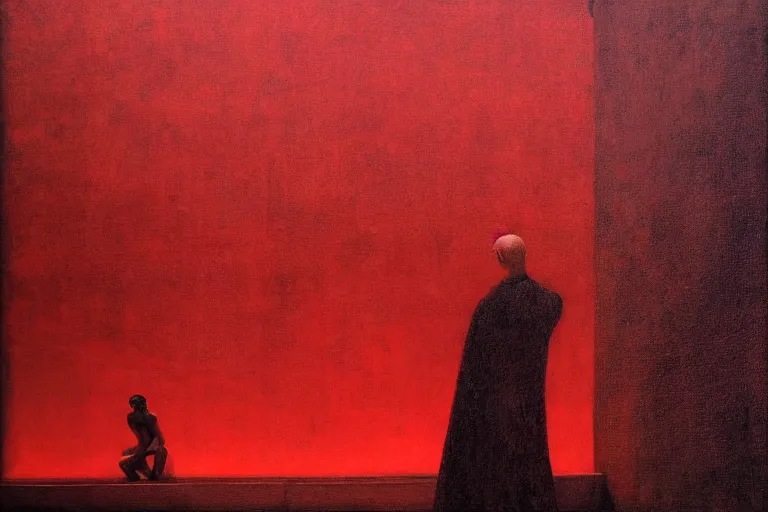 Image similar to only with red, a red melted emperor in an authoritarian position, taormina amphitheatre, crowd hails him, in the style of beksinski, parts by edward hopper, parts by rodcenko, parts by yue minjun, intricate and epic composition, red by caravaggio, insanely quality, highly detailed, masterpiece, red light, artstation, 4 k