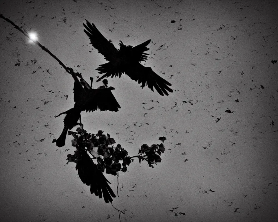 Prompt: crow's feather falling from the sky, roses climb up the skull on crucifix, graveyard in the darkness
