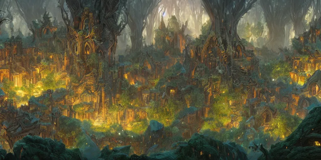 Image similar to An ancient elven city in a magical forest, high detail, many characters and creatures, cartoon style, D&D, world of warcraft, by Jimmy Wong and Greg Rutkowski, 4096x2160