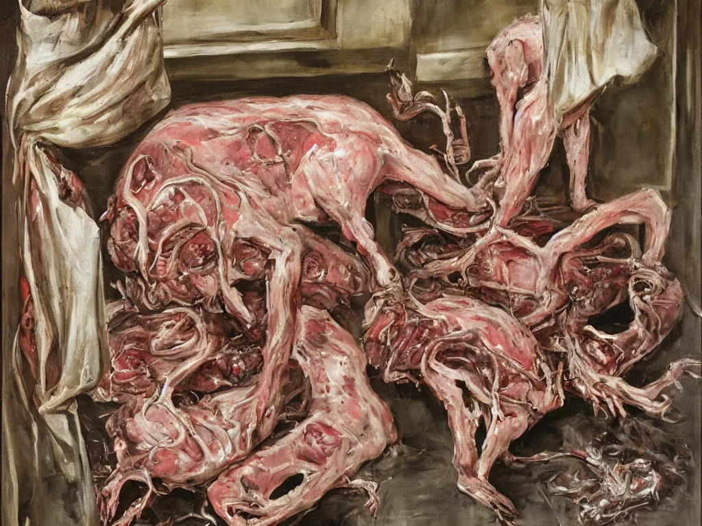 Prompt: meat locker filled with pig carcasses by francis bacon, oil on canvas, highly detailed, masterpiece painting, body horror, biopunk