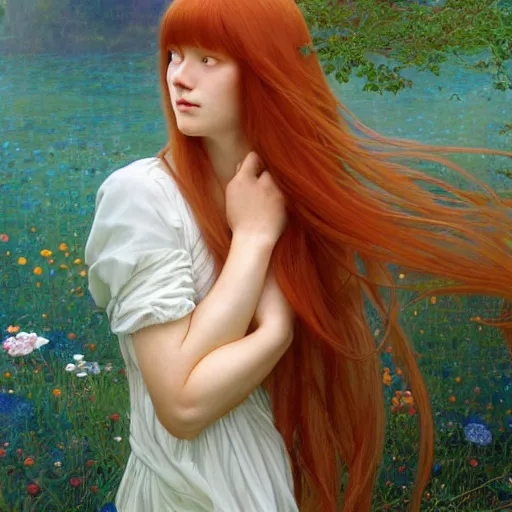 Image similar to A young woman with orange long hair and bangs in shorts and white shirt drawn by Donato Giancola and Makoto Shinkai, Edmund Leighton, Alphonse Mucha, background by James Jean and Gustav Klimt, 4k, porcelain skin, volumetric lighting, french nouveau, trending on artstation, octane render, hyperrealistic