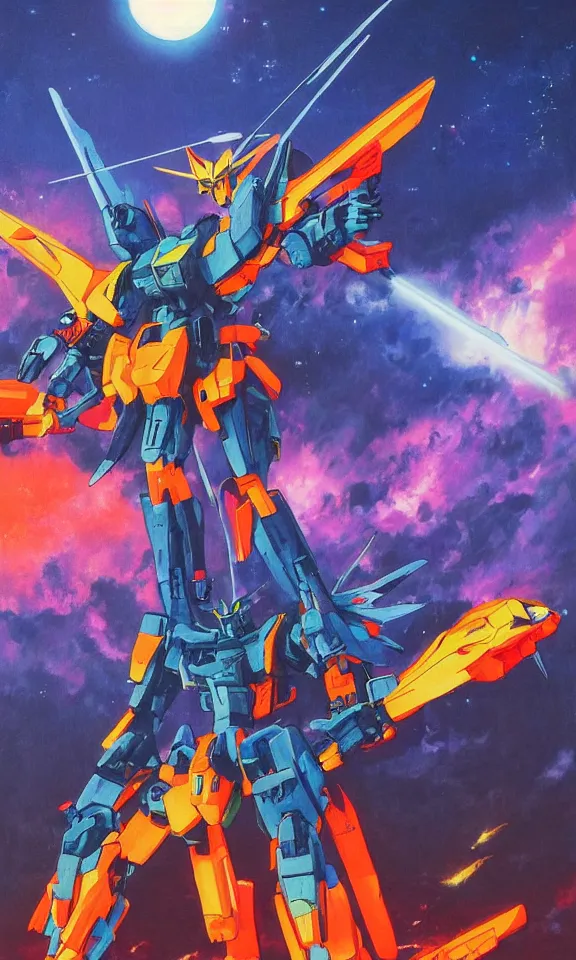 Image similar to neon gundam mecha, attacking a feudal Japanese castle, highly detailed, full moon, colours blue and orange, 8k, birds eye view, painting by karl kopinski, kim jung gius, james gurney