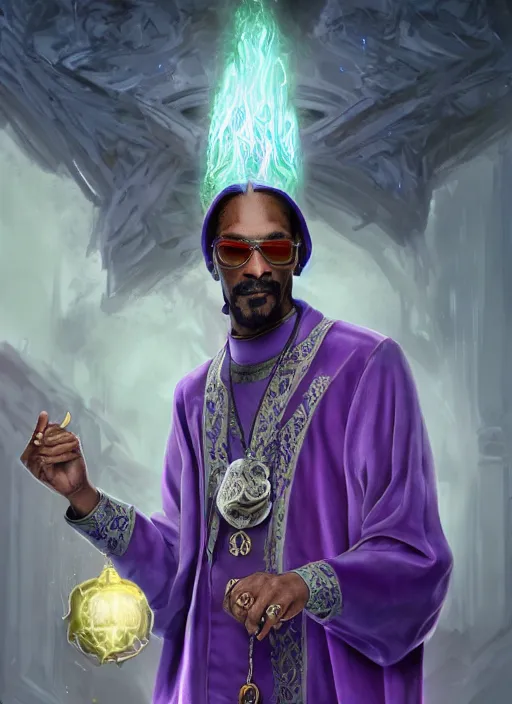 Image similar to snoop dogg as a mage, short beard, grumpy, intricate purple robes, Ivan Aivakovsky, Boris Vallejo, epic fantasy character art, D&D Concept Art, full length, ultra Realistic, Regal, Refined, Detailed Digital Art, Exquisite detail, post-processing, masterpiece, Cinematic Lighting, Unreal Engine, 8k, HD