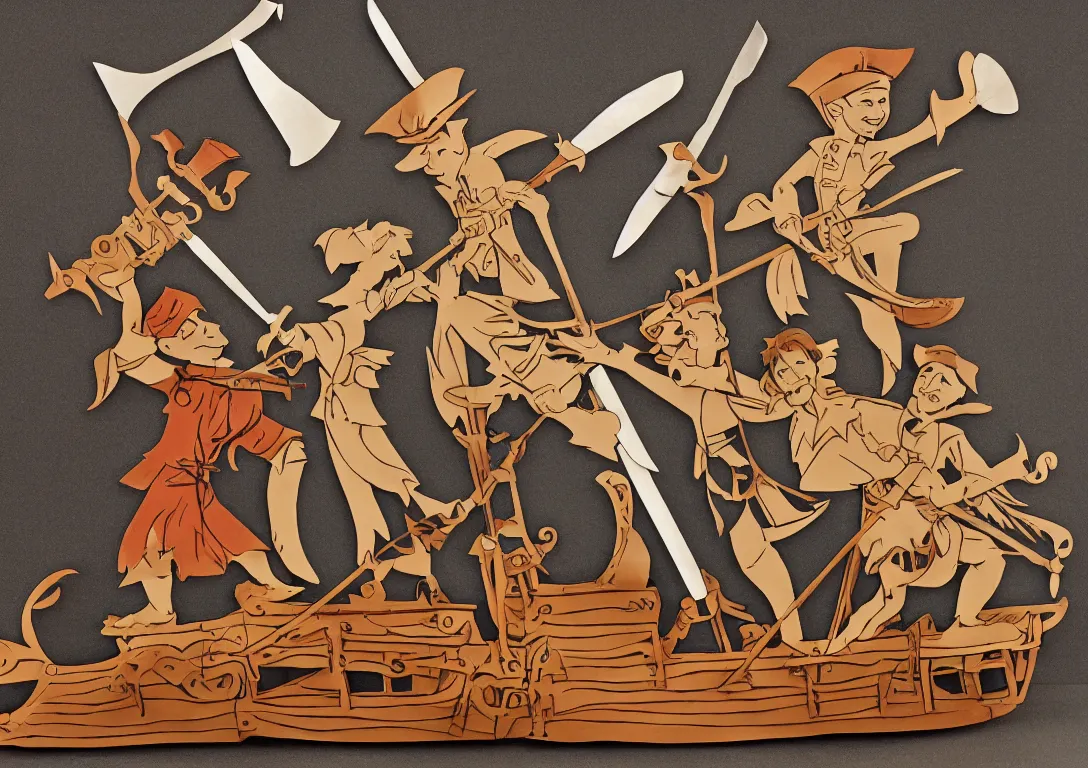 Image similar to a stylized cut paper sculpture of peter pan and captain hook swordfighting on a pirate ship