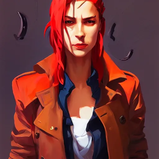 Prompt: portrait of a female pirate with trench coat, red makeup, holding pistol, behance hd artstation, style of jesper ejsing, by rhads, makoto shinkai and lois van baarle, ilya kuvshinov, ossdraws