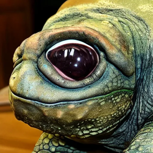 Image similar to photo of a nightmarish creepy disfigured horrific scary turtle with a nightmarishly haunted face