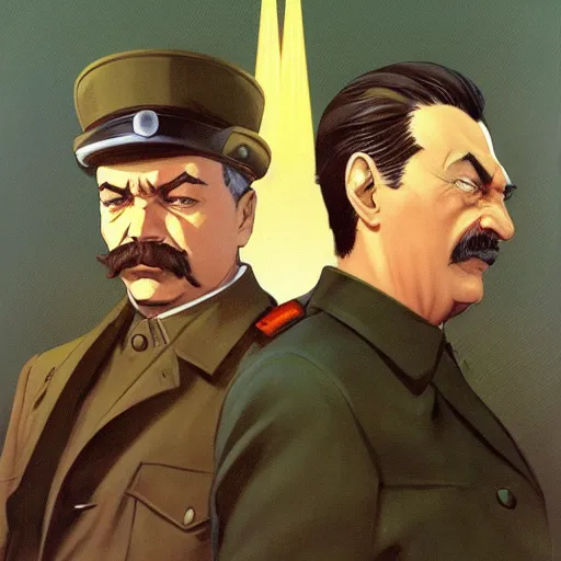 Image similar to lenin and stalin, by shigenori soejima, by frank frazetta, digital painting masterpiece, beautiful brush strokes, advanced lighting technology, symmetry