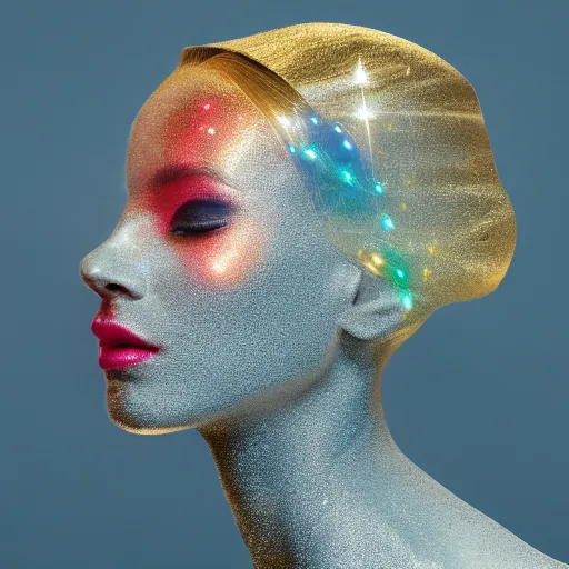 Image similar to portrait of a beautiful futuristic woman layered with high-tech jewelry wrapping around her face and head, golden-silver light with tiny blue, gold, and red gems scattered like dust