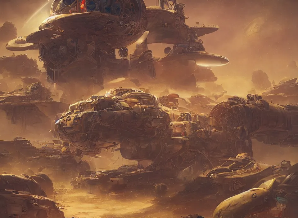 Image similar to colossal crashed dieselpunk space ship on desert planet by peter mohrbacher, firefly, unreal engine 5, extreme detail, hyper realism, realistic shading, cinematic composition, realistic render, octane render, detailed textures, photorealistic, colorful, raytracing