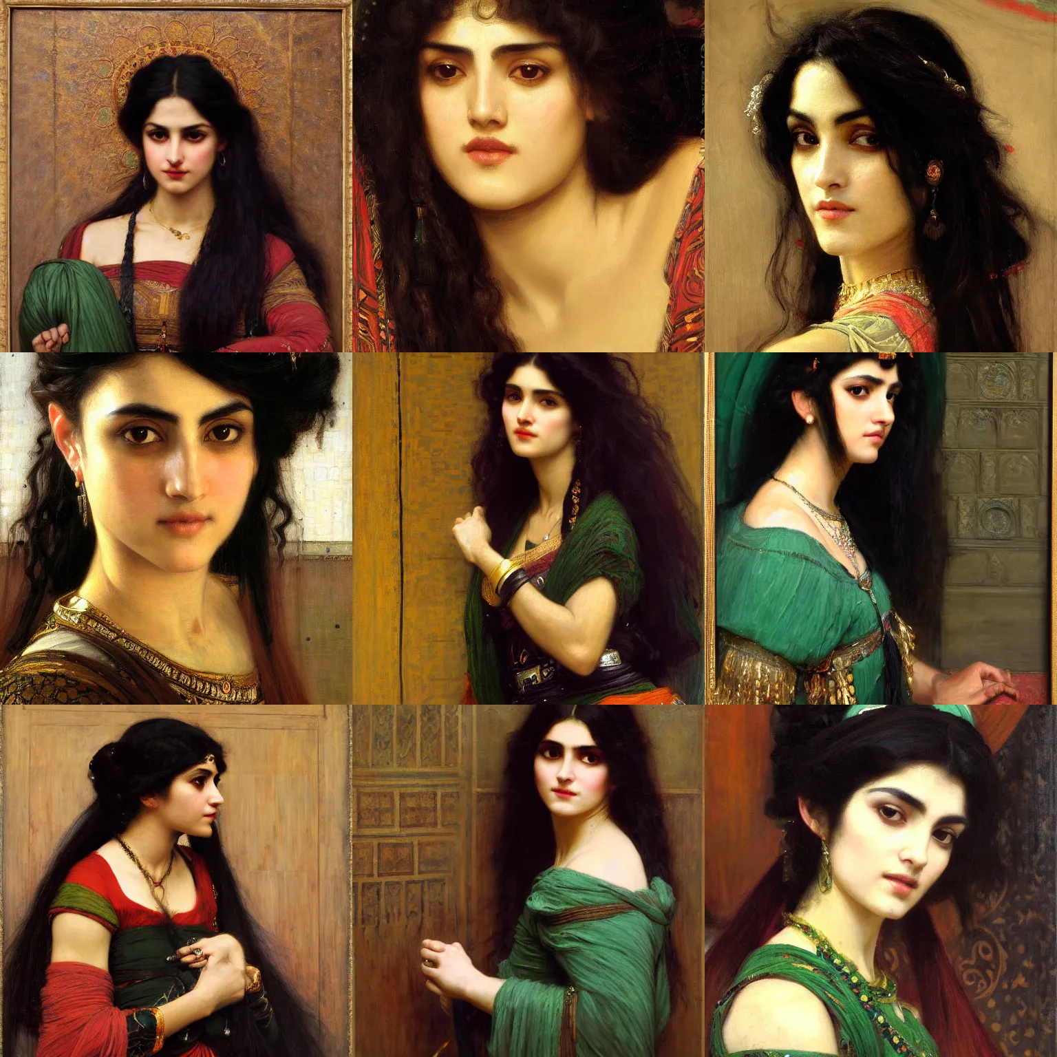 Prompt: orientalist painting of a Persian woman with black curls and green eyes intricate portrait by john william waterhouse and Edwin Longsden Long and Theodore Ralli and Nasreddine Dinet, oil on canvas. Cinematic, hyper realism, dramatic lighting, high detail 8k