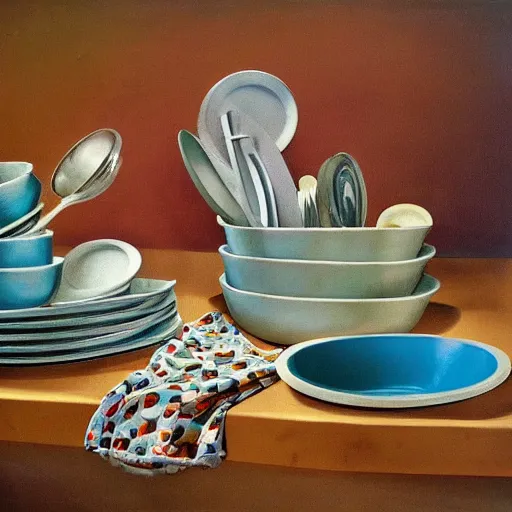 Image similar to the pile of dirty dishes in the sink, in style of surrealism, 4k ultra details, hyper realism,