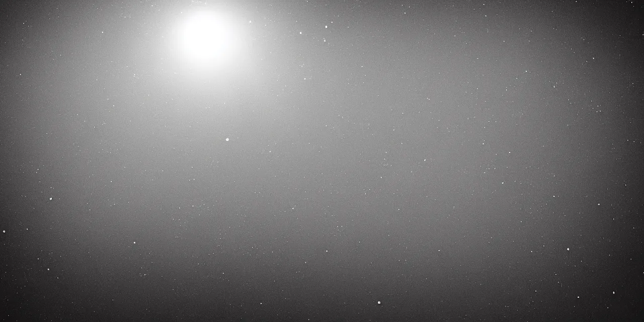 Prompt: view from the surface of the moon, cinematic film still, film grain, looking up at tall white space, glowing landing lights on spaceship, stars and space in the background, fog and dust, full frame photography