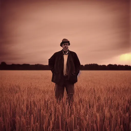 Prompt: A wet-collodion photograph of a man standing in a field of wheat, high contrast, sunset, shallow depth of field