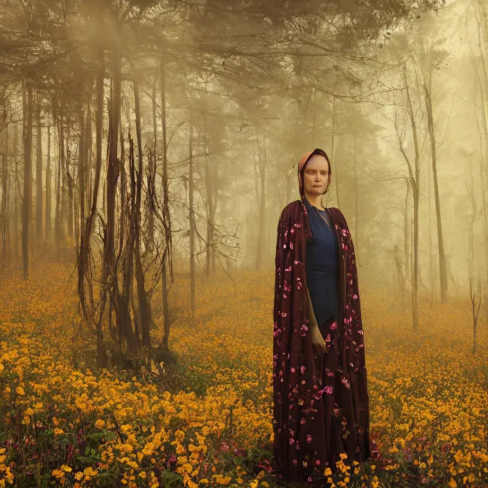 Image similar to closeup portrait of a woman wearing a cloak made of flowers and gold, standing in a burnt forest, by Annie Leibovitz and Steve McCurry, natural light, detailed face, CANON Eos C300, ƒ1.8, 35mm, 8K, medium-format print