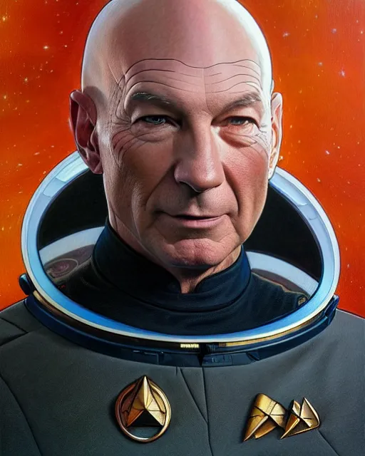 Prompt: Portrait of Jean Luc Picard in a space suit, real life skin, intricate, elegant, highly detailed, artstation, concept art, smooth, sharp focus, art by artgerm and greg rutkowski and alphonse mucha