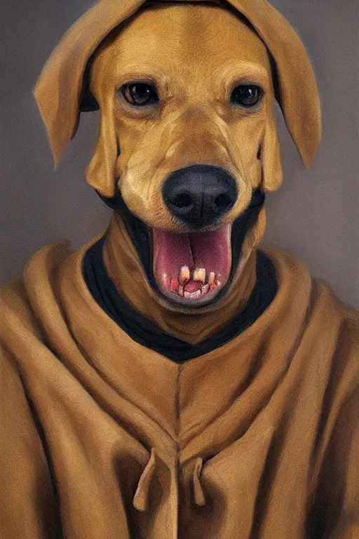 Image similar to Slavic dog head man, characteristic of cynocephaly, woolen torso in medieval clothes, oil painting, hyperrealism, beautiful, high resolution, trending on artstation,