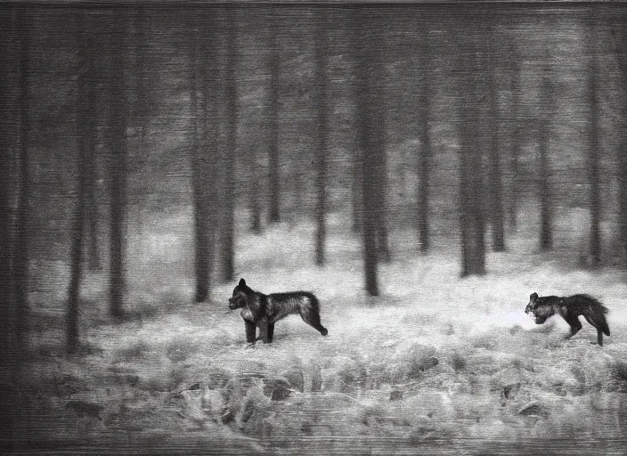 Prompt: house in the wood, black wolf guarding, Jakub Rozalski, lomography photo, blur, unfocus, red monochrome, oil painting