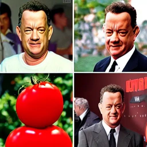 Prompt: tom hanks as a tomato, looks like a tomato