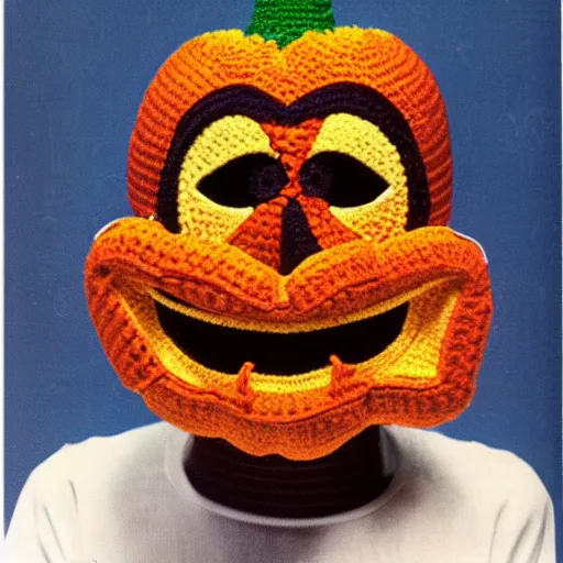 Image similar to multicolored crocheted halloween mask, 1 9 8 0 s catalogue photo