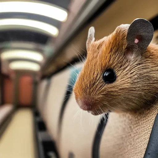 Image similar to photo of a train interior, a brown hamster is sitting on a seat, various poses, unedited, soft light, sharp focus, 8 k