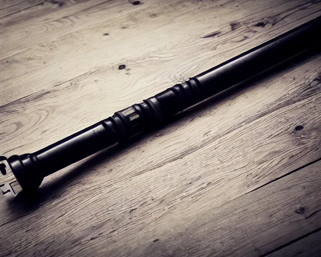 Prompt: a photograph of a lightsaber on a wooden table, very detailed, high definition,