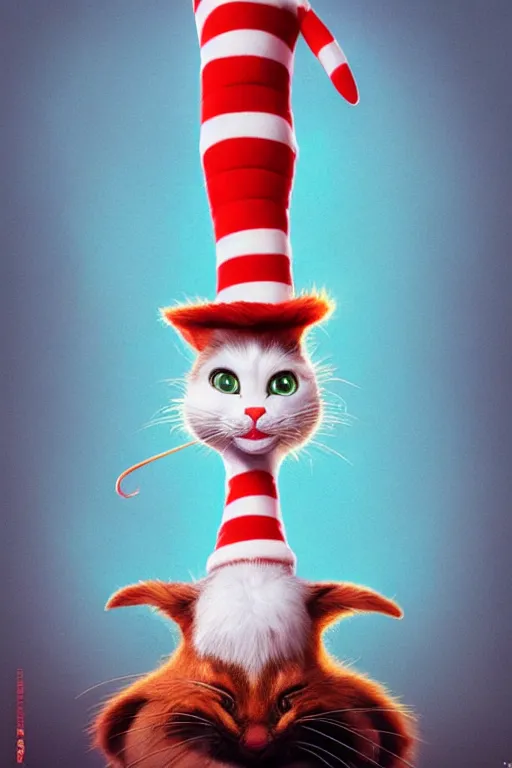 Image similar to complex 3 d render, hyper detailed, ultra sharp, of the cat in the hat, scary, comical, cinematic, natural soft light, rim light, octane render, artstation, art by artgerm and greg rutkowski and alberto seveso, dr seuss