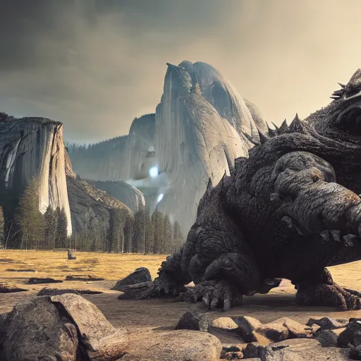 Image similar to evil steel chicken kaiju at yosemite, epic scale, hyper detailed, photorealistic, octane render, trending at cgstation, rule of thirds, 8 k.