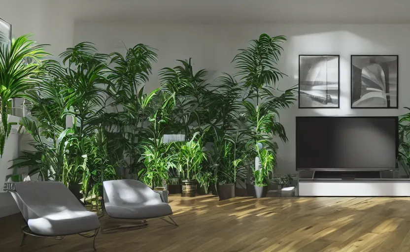 Image similar to empty room brutalist interior, big tv screen in the middle, tropical indoor plants, open shiny floor, v - ray render, high contras