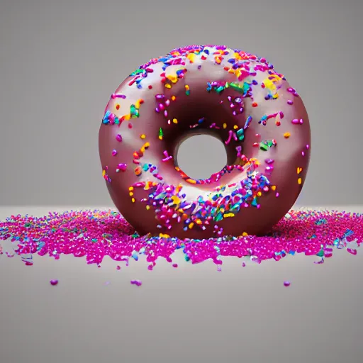 Prompt: a floating donut with dripping frosting and sprinkles raining down, blender 3 d render.