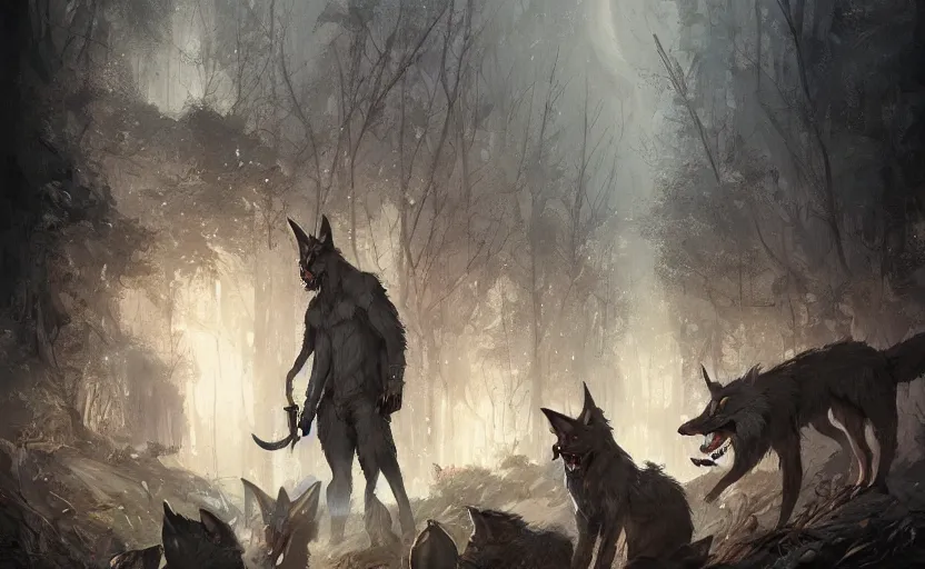 Prompt: A painting of a cabbit finds himself surrounded by a clan of tribal werewolves trending on artstation in the style of Greg Rutkowski