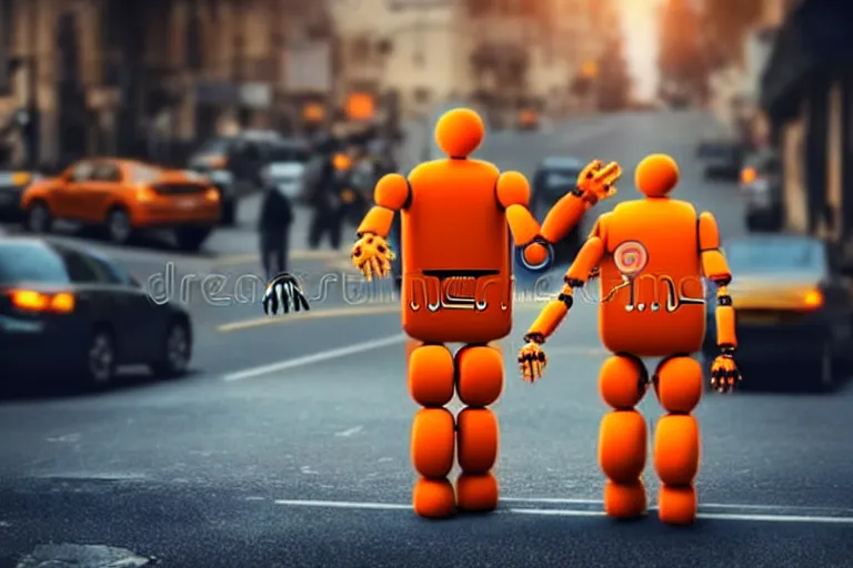 Image similar to : epic professional realistic photography of a orange robot + helping an elderly man cross the street + best on cgsociety, stock image, astonishing, impressive, outstanding, epic, cinematic, stunning, gorgeous, much detail, much wow,, masterpiece :