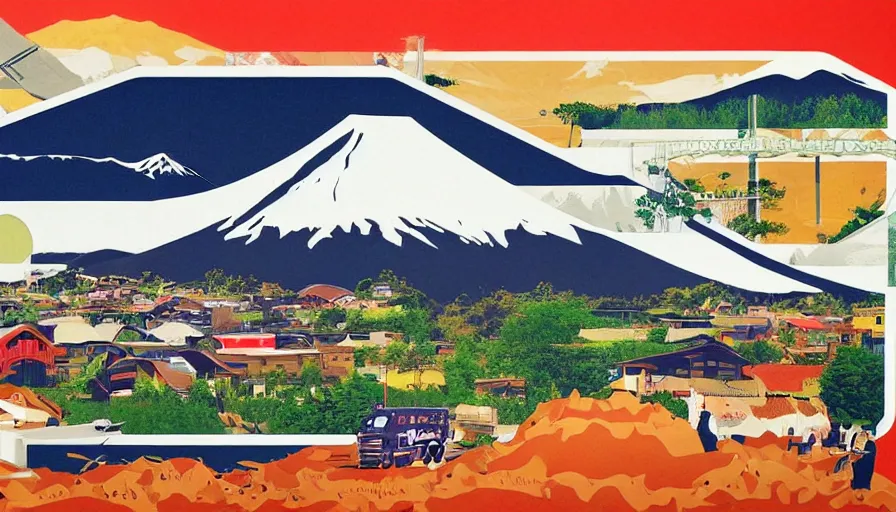 Prompt: award winning graphic design poster, cutouts constructing an contemporary art depicting a lone mount fuji and hills, rural splendor, and bullet train, isolated on white, and bountiful crafts, local foods, edgy and eccentric mixed media painting by Leslie David for juxtapose magazine