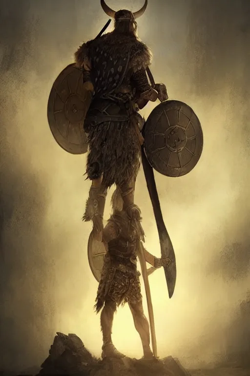 Prompt: aesthetic digital illustration of a defeated viking warrior on his knees by anne stokes, greg rutkowski, and brian belle din | dirty and bloody, concept art, character concept, matte background, golden ratio, rule of thirds, golden hour lighting, unreal engine, finalrender, centered, deviantart, artgerm