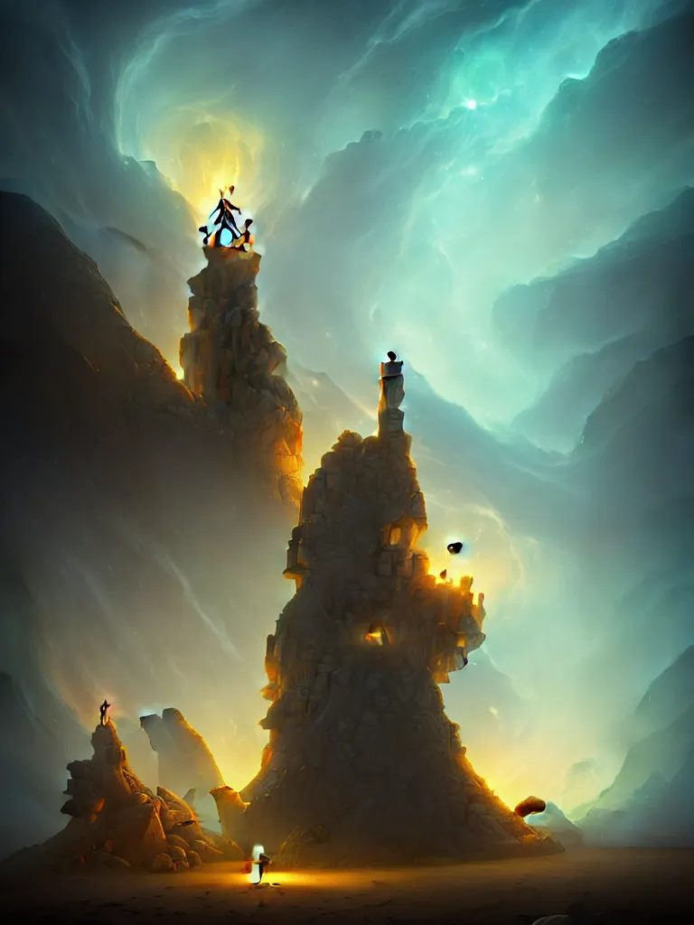 Image similar to a fantasy tower in a dune sea filled with ruins by Peter Mohrbacher, blue fireball, moody lighting, tarot card