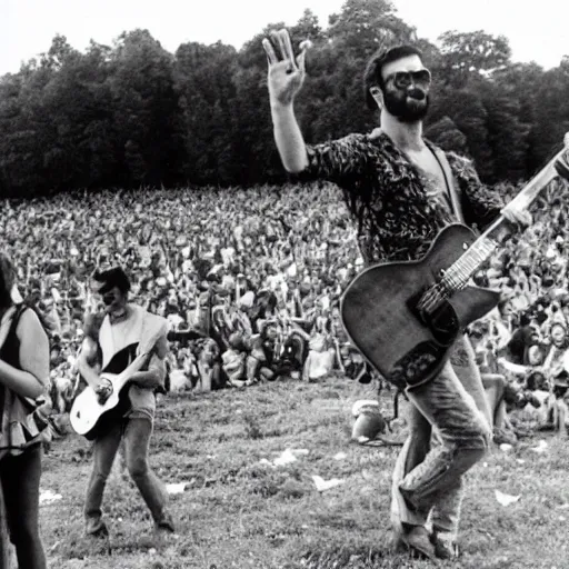 Image similar to Gigachad performing at Woodstock