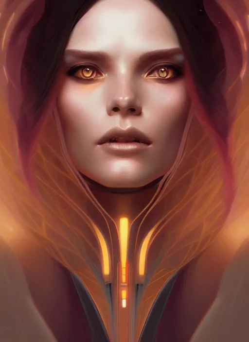 Image similar to futuristic woman portrait, sci-fi, amber eyes, face, long hair, fantasy, intricate, elegant, highly detailed, digital painting, artstation, concept art, smooth, sharp focus, illustration, art by artgerm and greg rutkowski and alphonse mucha