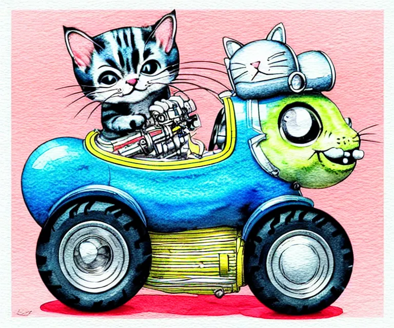 Image similar to cute and funny, kitten wearing a helmet riding in a tiny hot rod with oversized engine, ratfink style by ed roth, centered award winning watercolor pen illustration, isometric illustration by chihiro iwasaki, edited by range murata, tiny details by artgerm and watercolor girl, symmetrically isometrically centered