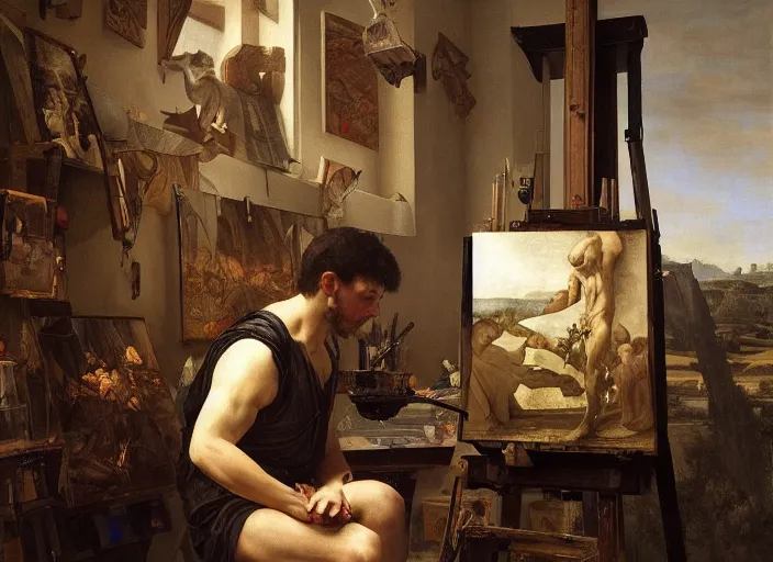 Image similar to a painter in his studio painting a picture of pepe the frog, by edgar maxence and caravaggio and michael whelan and delacroix style, artistic, intricate drawing, cinematic lighting, hyper realistic, extremely detailed, establishing shot, 8 k resolution, dramatic lighting