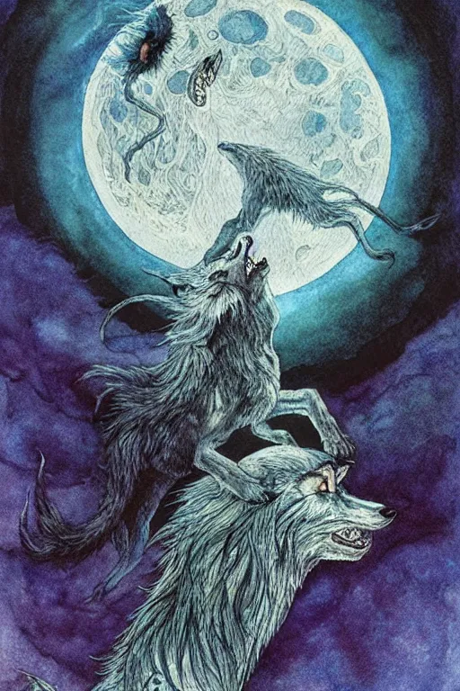 Image similar to crynos werewolf howling at the moon, art by luis royo and walter crane and kay nielsen, watercolor illustration, ultra sharp focus, wot