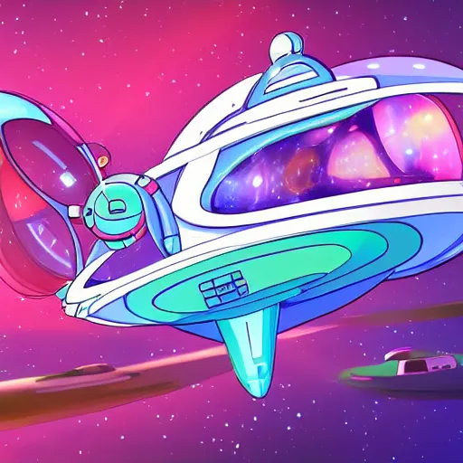 Image similar to Cartoon network Steven Universe design of a cute damaged spaceship shaped like a mechanical jelly fish flying in hyperspace, beautiful clear detailed 8k digital art, final render