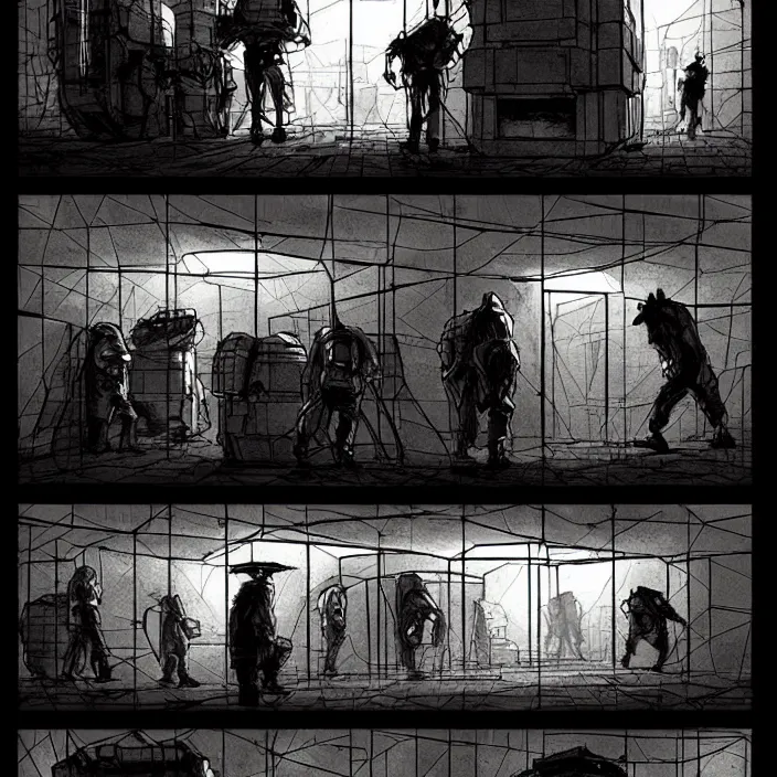 Image similar to miners wait to enter a big cube with one door. storyboard, scifi cyberpunk. by gabriel hardman, joe alves, chris bonura. cinematic atmosphere, detailed and intricate, perfect anatomy