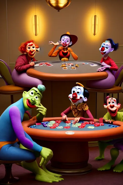 Image similar to pixar clowns sitting around a poker table, laughing maniacally | glamorous oily soft polished rich ornate modern | weta disney pixar movie still photo | hi - fructose, sci fi fantasy, smooth, octane render, sharp focus, artstation, concept art | artgerm, mucha, rutkowski, feng zhu, wlop, loish