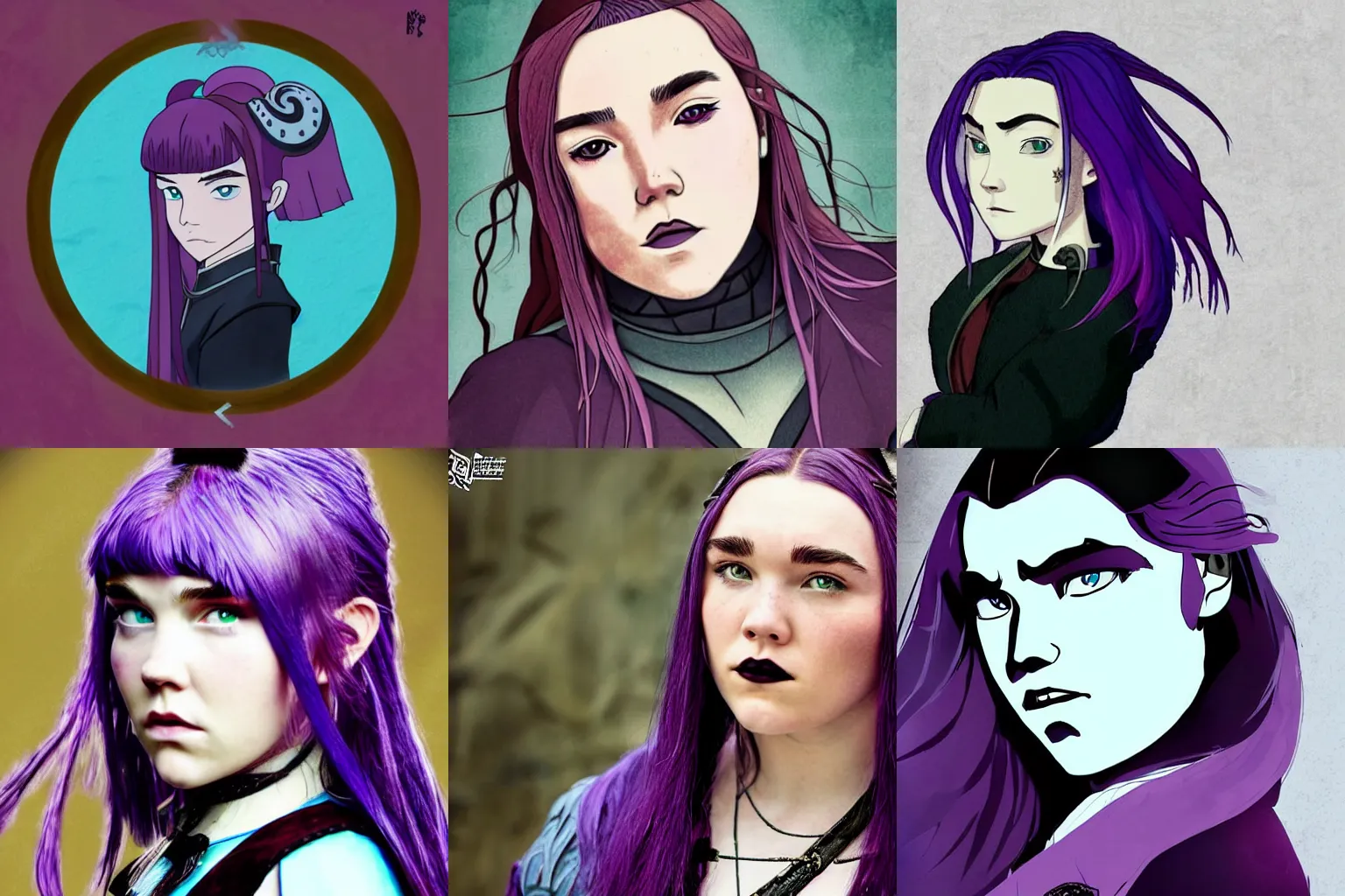 Prompt: Portrait of Florence Pugh, scene, emo, goth, purple mullet, style of avatar the last airbender, western, animation, anime, cartoon, beautiful art. Bangs.