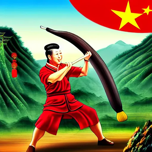 Image similar to Chinese president, battle, bananas weapon, dragon, mountains background, fighting stance, painting