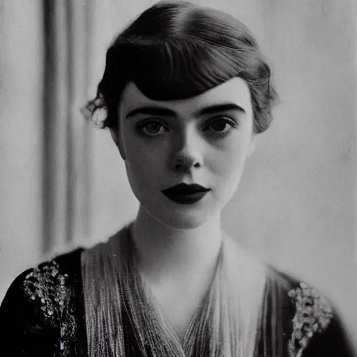 Image similar to headshot edwardian photograph of elle fanning, lily collins, scarlett johansson, 1 9 2 0 s film actress, realistic face, ethereal, 1 9 1 0 s, grainy, victorian, soft blur