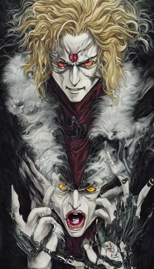 Prompt: Vampire Dio Brando Apostole, by Ayami Kojima, studio ghibli, cinematic lighting, intricate, highly detailed, digital painting, trending on artstation, Illustration, epic scale